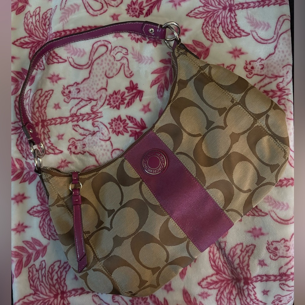 Y2K Coach Tan and Magenta Shoulder Bag with Signature Monogram